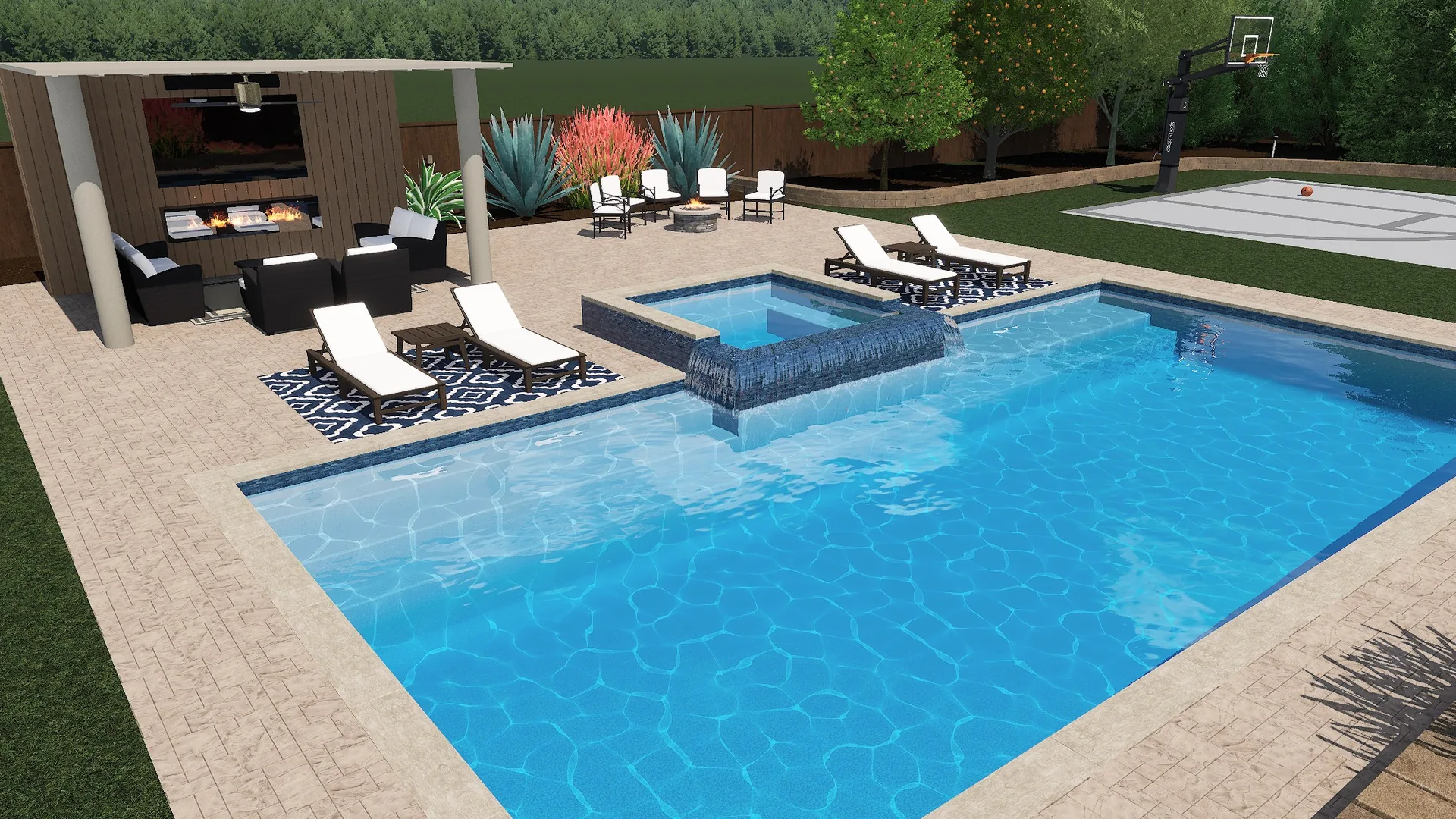3D rendering of a family backyard pool with raised spa and covered patio