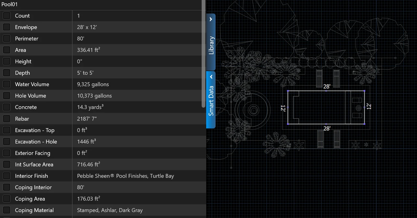 Sample pool design spec sheet with dimensions, water volume, coping and finish details