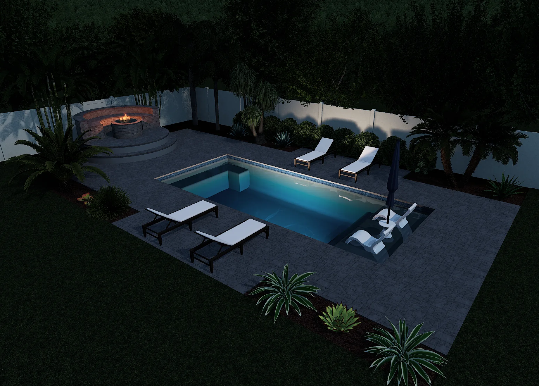 3D rendering of a rectangular pool with purple night lighting and fire pit