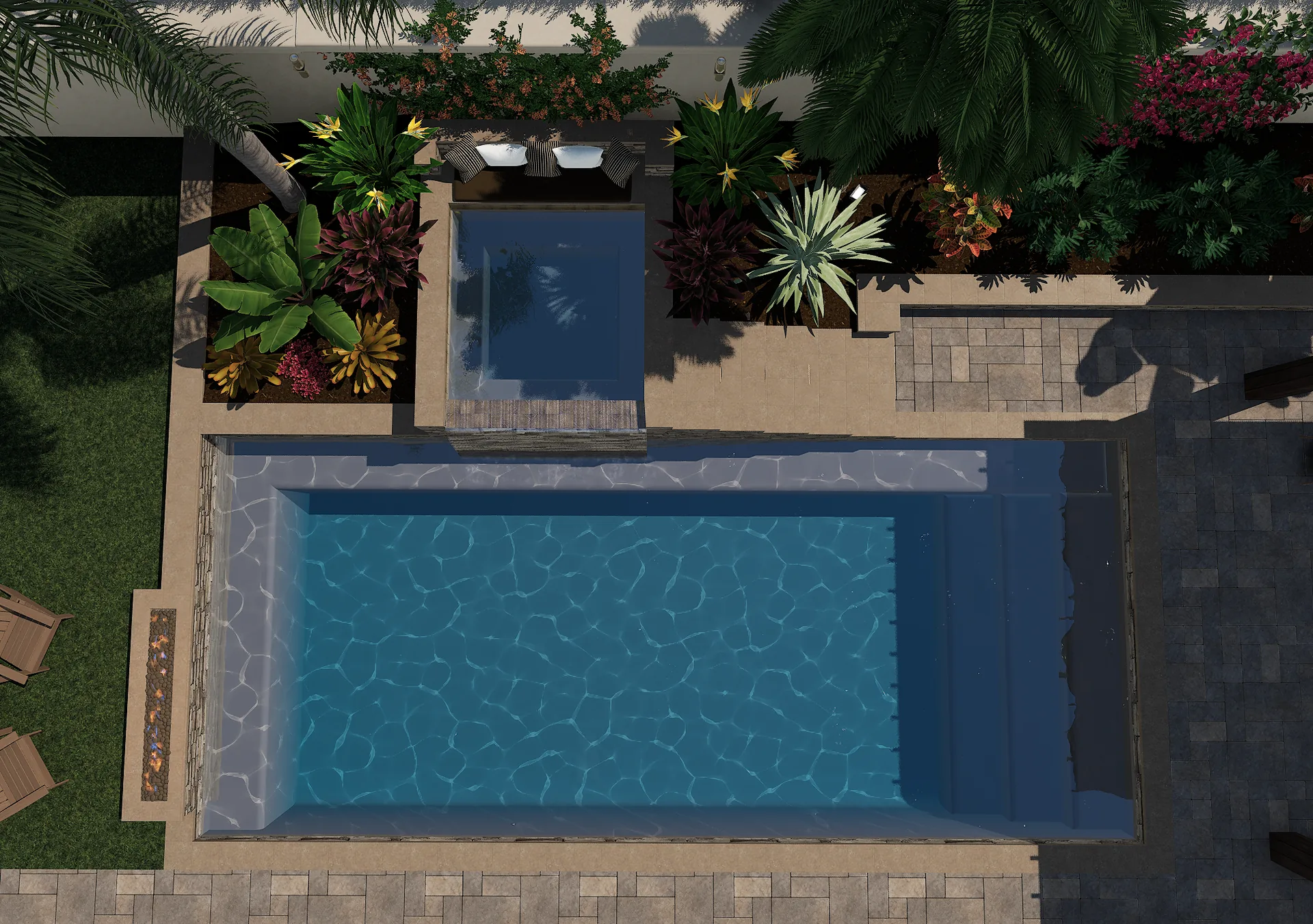 3D rendering of a pool with raised spa, stacked stone spillover and linear fire feature at night