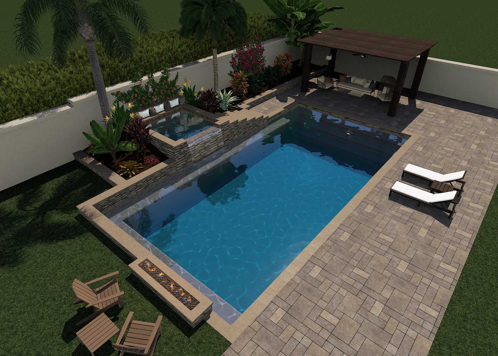 3D rendering of a large pool with raised spa spillover and pergola lounge