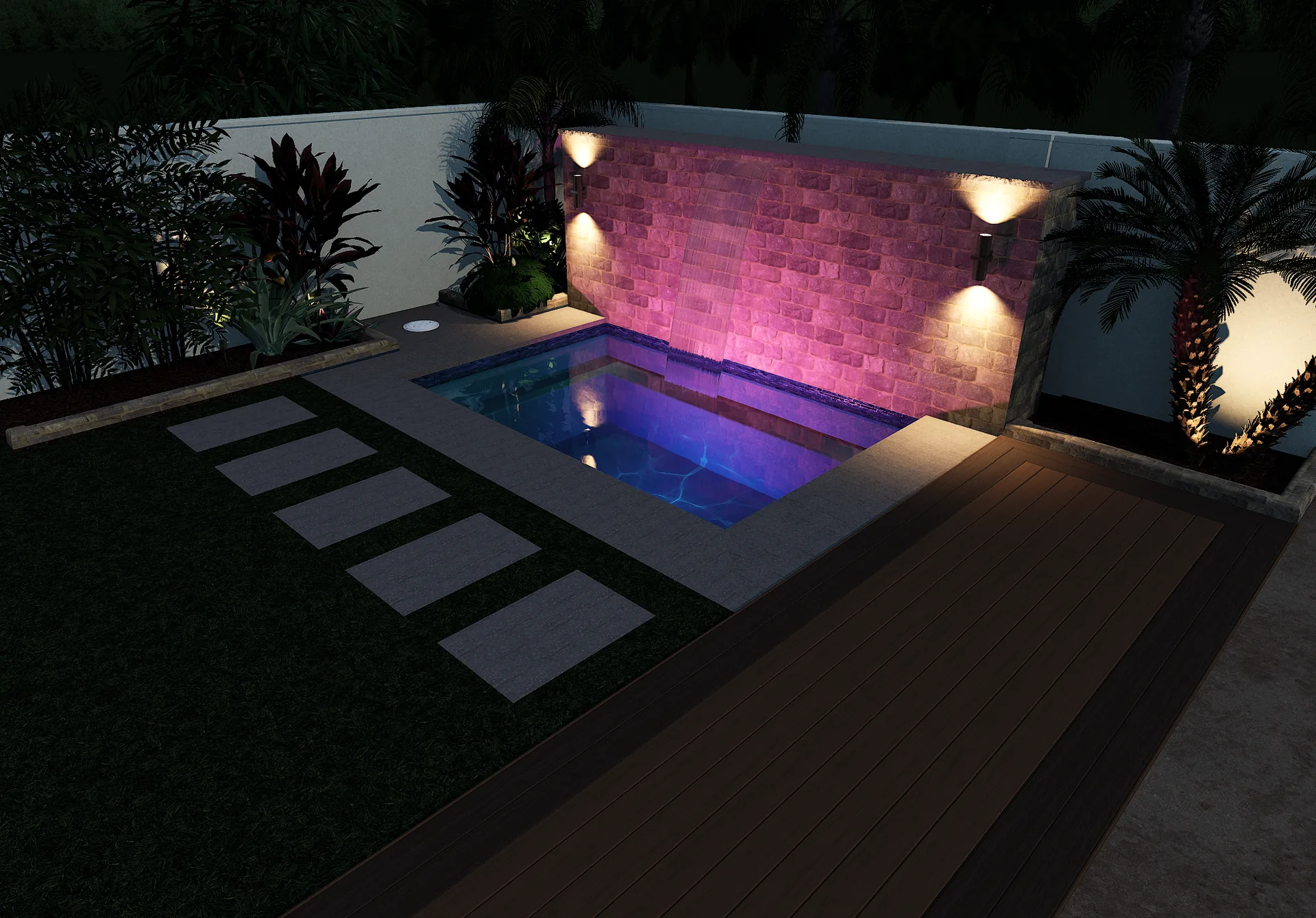 3D rendering of a spool with a lit stone water wall at night