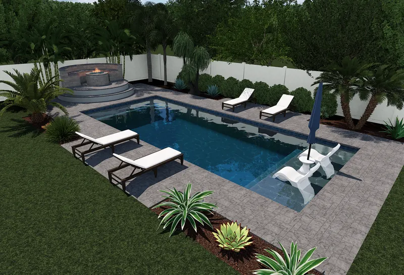 Long rectangular pool with tanning ledge and fire pit